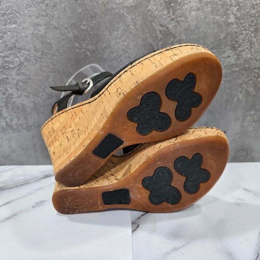 Born Womens 7 Black Leather Slingback Cork Wedge Sandals Comfort Shoes Platform